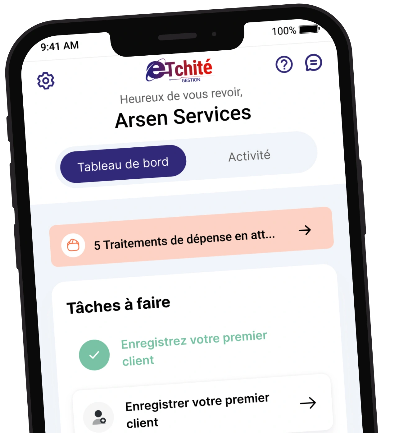 Application mobile e-Tchité — tableau de bord